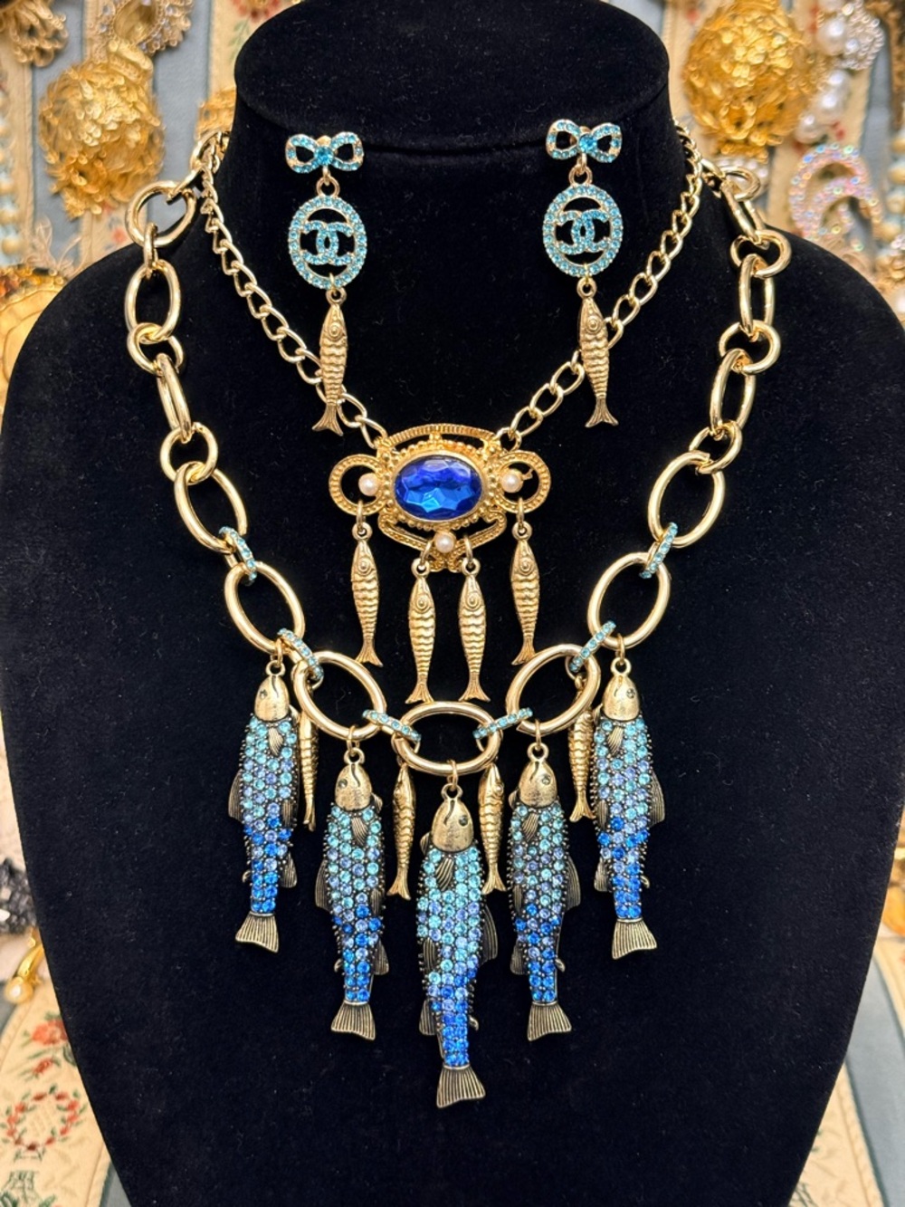 Gold-Tone Blue Crystal Fish Statement Necklace and Earring Set